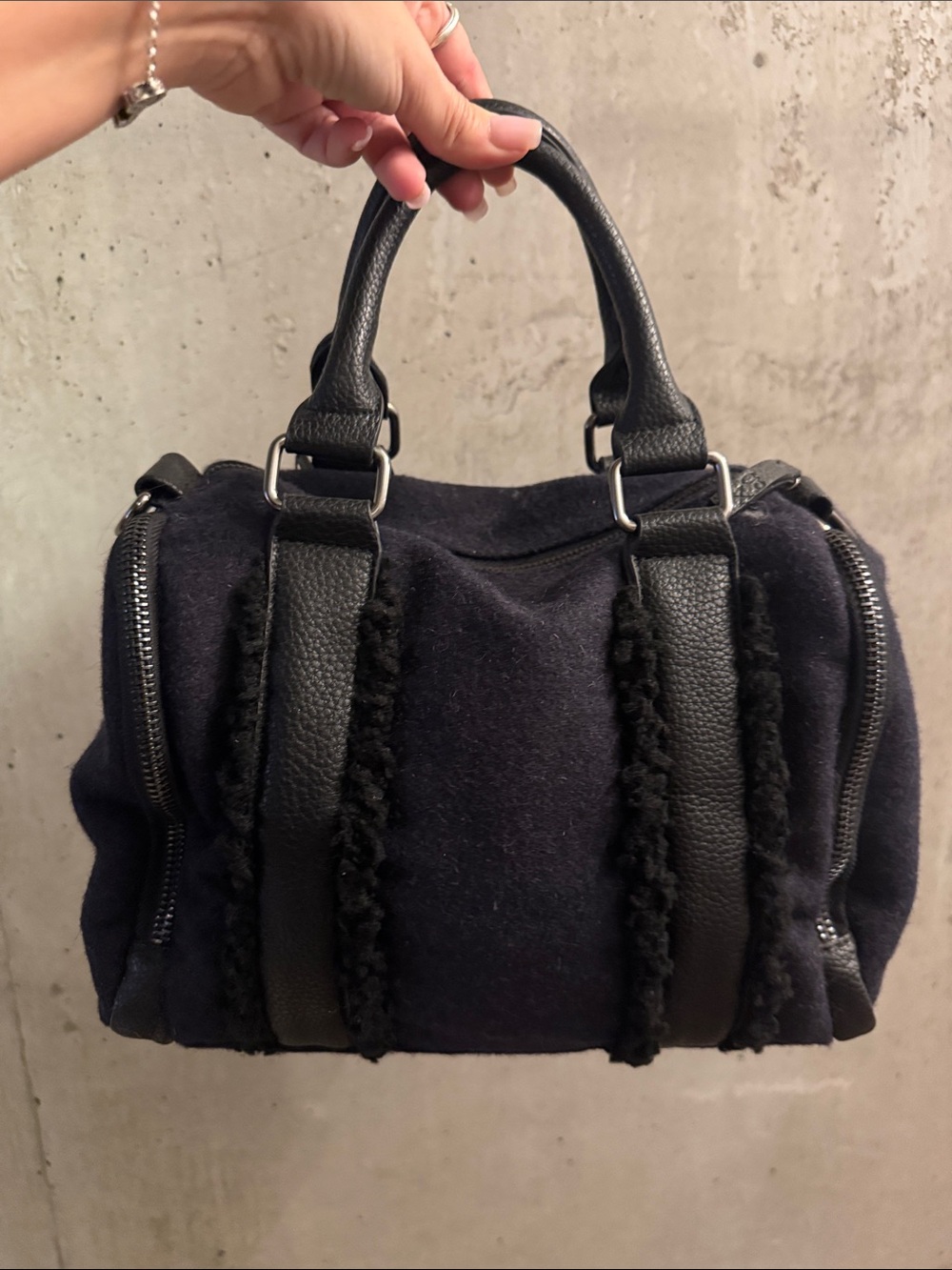 GX by Gwen Stefani Black Shearling-Trim Satchel with Navy Fabric contrast NWT
